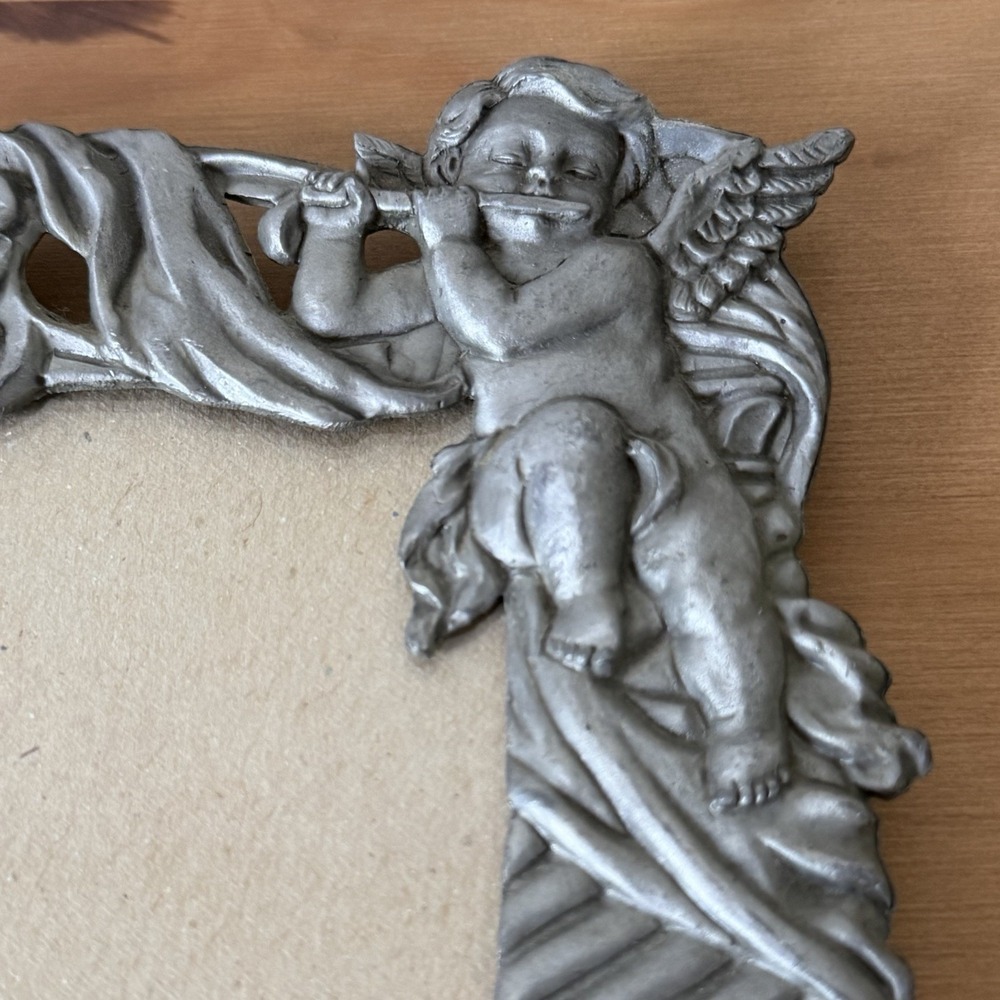 Vtg Cherub Picture Frame Pewter Angel Floral 90s Silver Metal Gift Valentine - Picture 6 of 12